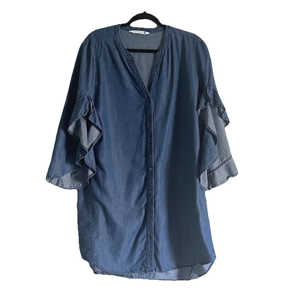 Given Kale Women's Chambray Shirt Dress Large Ruffle Sleeves Curved Hem‎